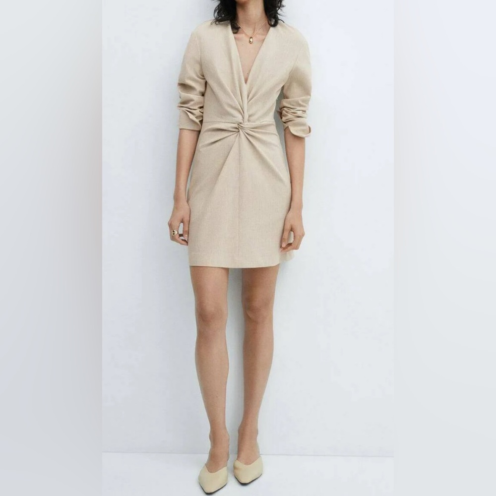 Mango Sand Long Sleeve Dress with Front Twist Detail